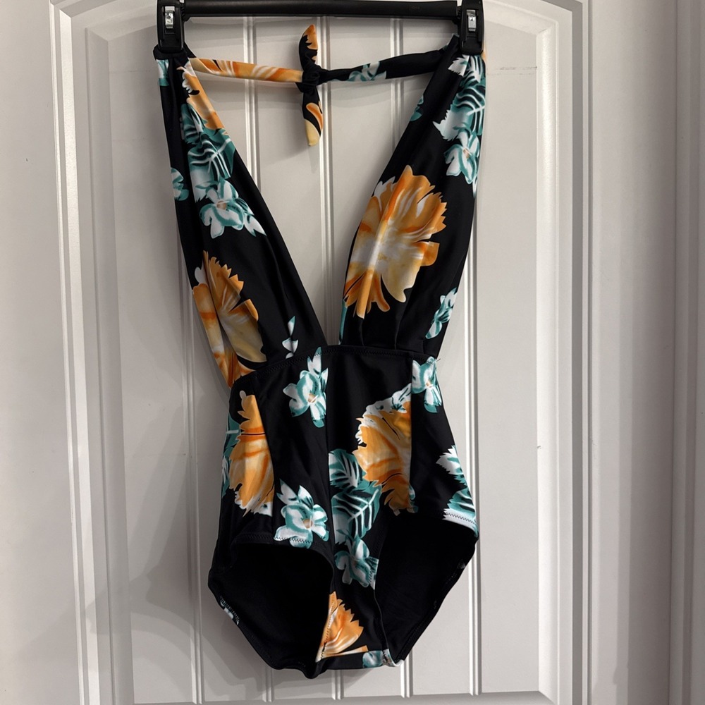 Plunge Halter Tie top One Piece Swimsuit Tropical Orange Floral Print NWT Small